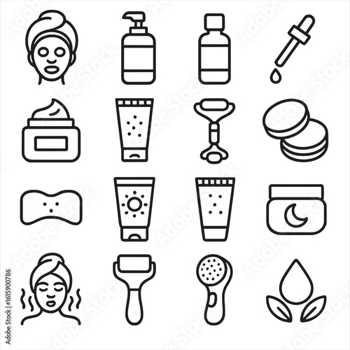 Skincare Routine Icons. Line style icons of skincare routine: face mask, cleanser bottle, toner, serum dropper, moisturizer,