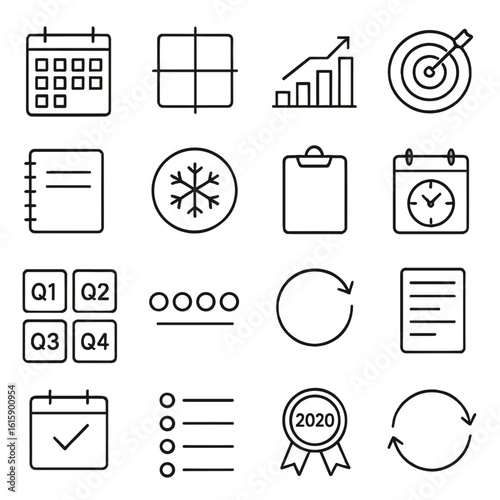 Yearly Planning Icons. Line style icons of year planning: yearly calendar, quarter icon, fiscal chart, yearly goal, planner page,