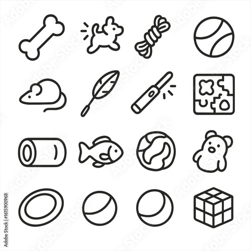 Animal Toy Icons. Line style icons of animal toys: chew bone, squeaky toy, rope toy, rubber ball, mouse toy, feather wand, laser
