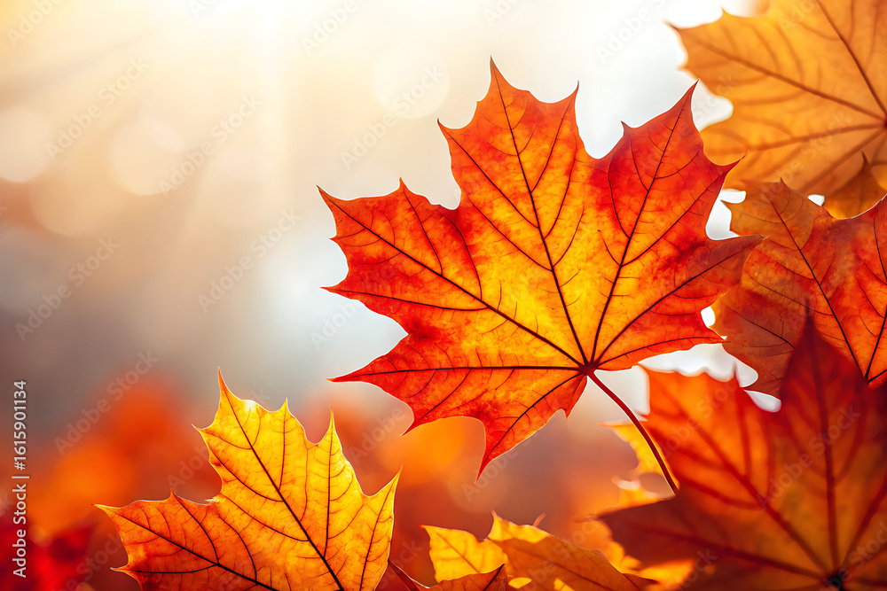 Fototapeta premium Vibrant maple leaves in autumn sunlight