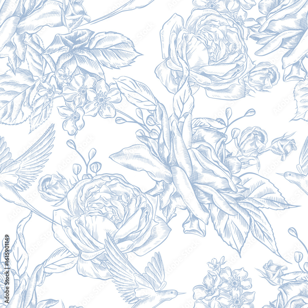 Fototapeta premium Vintage Toile de Jouy Pattern with Blue Roses and Swallows. Seamless floral and bird illustration