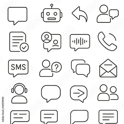 Communication Icons. Line style icons of communication and outreach: direct message, chatbot icon, reply arrow, contact icon, form
