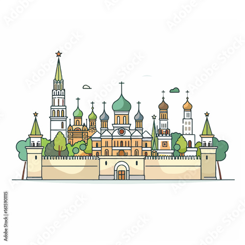 Colorful Outline of Moscow Kremlin Complex with Domes and Towers