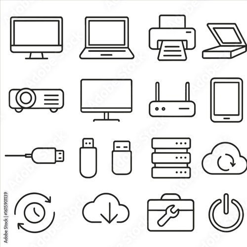 Office Technology Icons. Line style icons of office technology: desktop PC, laptop, printer, scanner, projector, smart board,