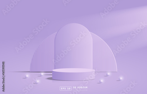3D background in bright studio room with realistic purple 3d cylinder podium pedestal stage, Arch shape, Half circle backdrop and glowing sphere balls. Minimal scene for product mockup, Showcase.