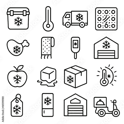 Cold Chain Icons. Line style icons of cold chain logistics: ice box, temperature icon, fridge truck, cool pack, frozen goods,