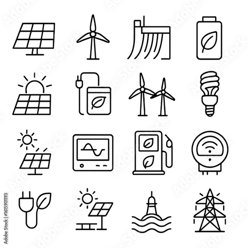 Renewable Energy Icons. Line style icons of renewable energy: solar panel, wind turbine, hydro dam, green battery, sun energy,