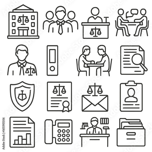 Law Line Art Icons. Line style icons of law firms and offices: law firm building, legal team, reception desk, legal meeting,