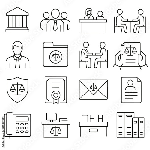 Law Line Art Icons. Line style icons of law firms and offices: law firm building, legal team, reception desk, legal meeting,