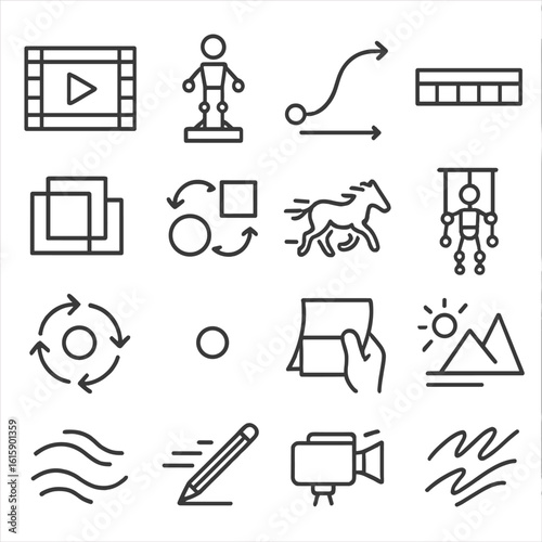 Animation Icons in Motion. Line style icons of creativity in motion: animation frame, stop motion icon, motion path, timeline bar,