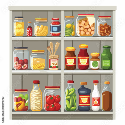 Colorful Pantry Displaying Various Preserved Foods in Glass Jars and Bottles