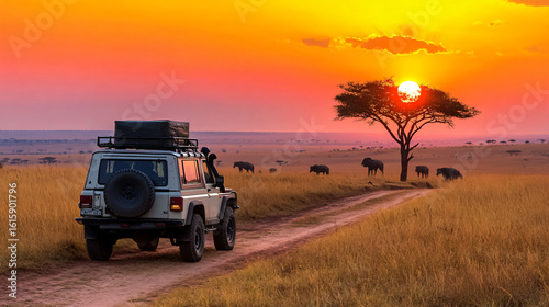 Exciting safari adventure with a rugged jeep in the foreground exploring the wild african landscape