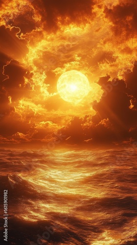 Fiery Ocean Sunset with Glowing Sun and Dramatic Clouds
