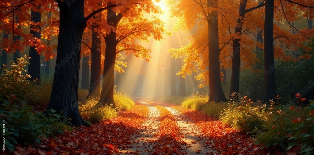 Fototapeta premium Sunlit path through an autumn forest with colorful foliage , image, picture