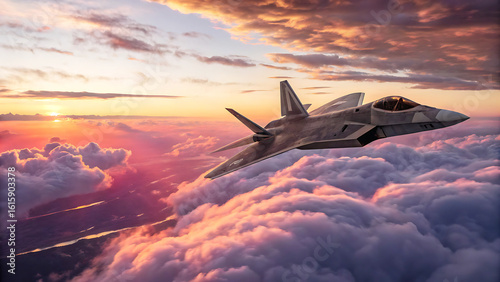 F-22 Raptor Stealth Fighter Jet Soaring Above Dramatic Sunset Cloudscape.  A Stunning Aerial View Of Modern Military Aircraft In Flight During Golden Hour. Breathtaking Colors And Textures.