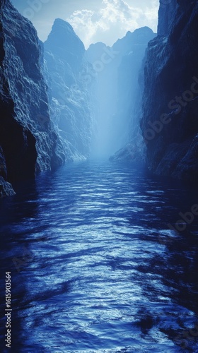 Navigating a Narrow Waterway Between Rocky Cliffs on a Misty Day