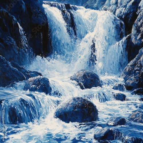 A breathtaking mountain waterfall cascades over snow-dusted rocks and frozen ice, with a powerful stream flowing through the winter landscape