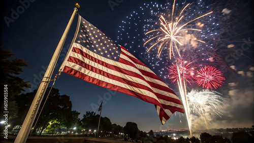 American Flag Waving Proudly Against A Night Sky Filled With Vibrant Fireworks Displaying Red, White, And Blue Explosions Of Light Celebrating Independence Day