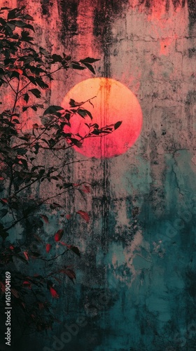 Textured Wall with Circle Graphic and Branch Silhouette