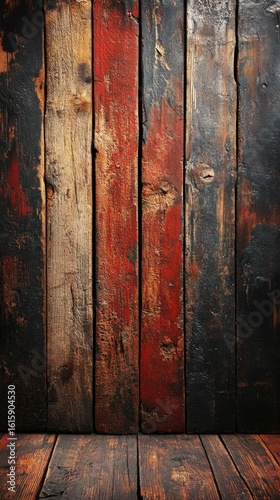Rustic Wood Wall and Floor with Red and Black Paint Texture