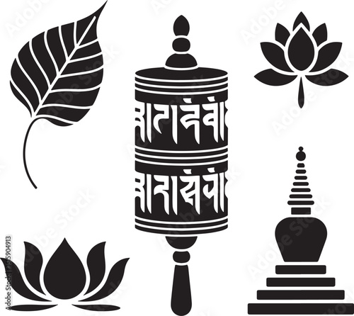 Multi-Faith Festival Icon Set – Islamic, Hindu, Buddhist Line Art Vector