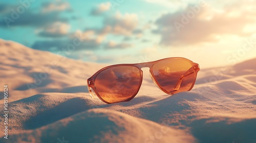 Sunglasses in the sand on the beach.
