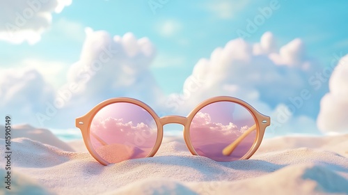Sunglasses in the sand on the beach.