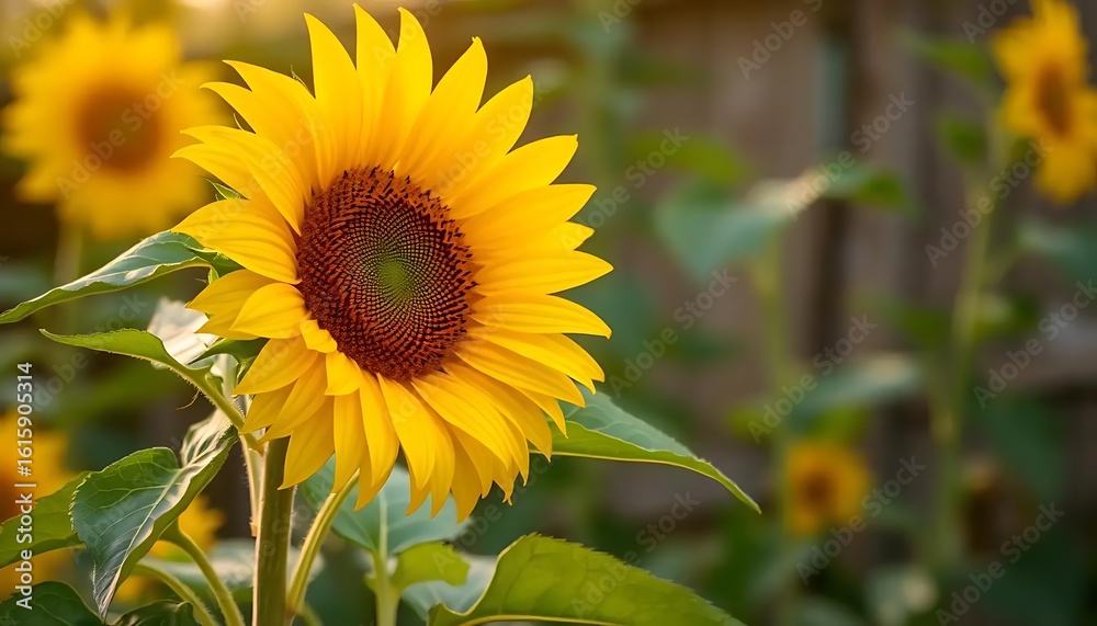 Fototapeta premium Sunflower field at sunset, dramatic sky.