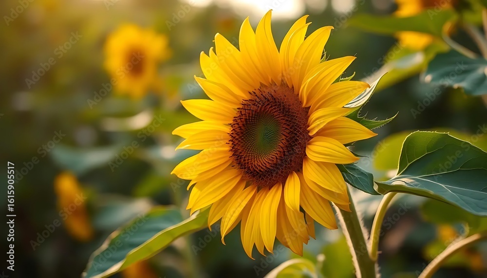 Fototapeta premium Vibrant Sunflower in Bloom with Green Leaves and Bright Yellow Petals