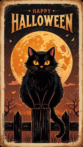 Halloween poster of black cat with glowing eyes and spooky vintage orange moon behind. Creepy seasonal design. Generative AI.