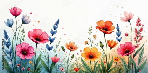 Intricate watercolor wildflowers, vibrant color splash, illustration, red