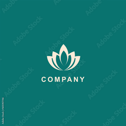 Minimalist lotus flower icon in white over teal, great for wellness centers, spas, yoga studios,