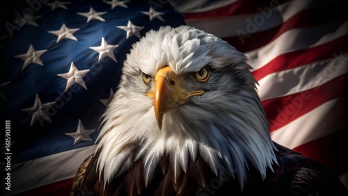 Majestic bald eagle with American flag, patriotic symbol of freedom and strength