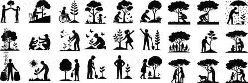 Tree Planting Silhouette Icon Set Eco Garden & Green Nature Silhouette Icons