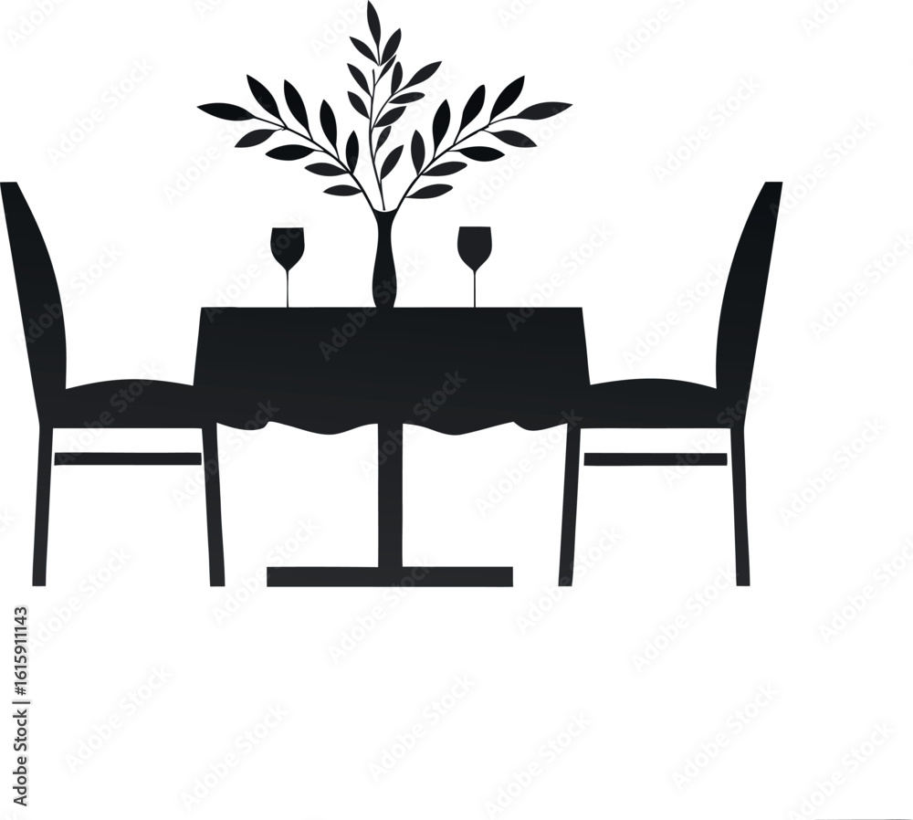 Fototapeta premium Romantic dinner table for two with wine glasses and plant silhouette