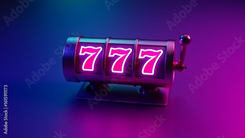 Close up of a vintage slot machine reel displaying the winning combination of three sevens illuminated by vibrant neon pink light against a dark blue and purple gradient background
