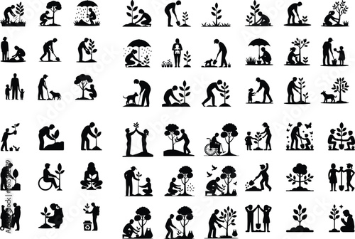 Tree Planting Silhouette Icon Set Eco Garden & Green Nature Silhouette Icons