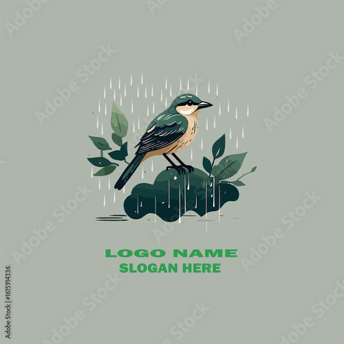 Colorful logo icon vector of a solitary bird in the rain drenched forest minimalist and serene nature design on white background .