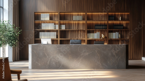 Law office reception counter mockup law books behind interior registration copy space desk design indoor decoration front view Black marble material plant décor