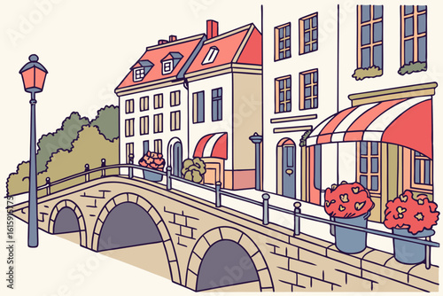 Explore the quaint streets of Maastricht, Netherlands with stone bridges, flower pots, and cafes in modern flat illustration style.