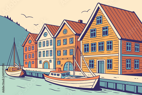 Bergen Bryggen wooden wharf in Norway, colorful facades and fishing boats in the harbor, modern flat illustration style