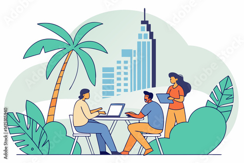 Blockchain meetup in the Philippines discussing fintech and remittances, modern flat illustration style