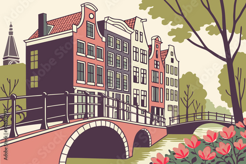 Breathe in the vibrant energy of Amsterdam streets lined with bicycles, narrow canal houses, and flowers in modern flat illustration style.