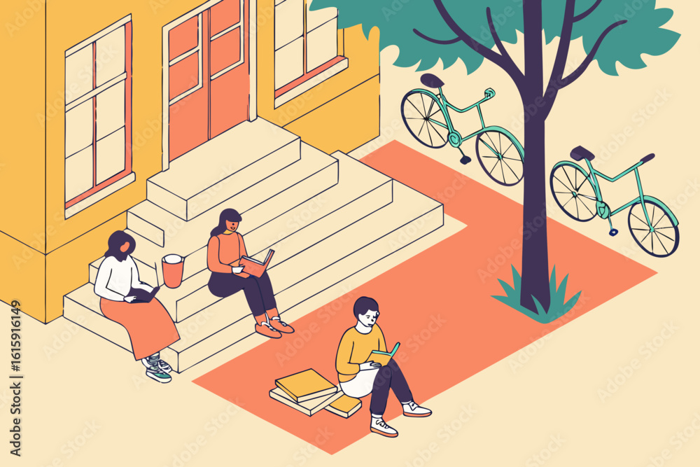 Obraz premium Discover Dutch students relaxing on a sunny square in the Netherlands with books, coffee, and bicycles in modern flat illustration style.