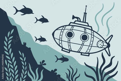 Deep fjord research submersible exploring cold waters in Norway with kelp forests and cod, modern flat illustration style