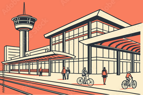 Discover the futuristic train stations in the Netherlands with sleek architecture, travelers, and bicycles in modern flat illustration style.