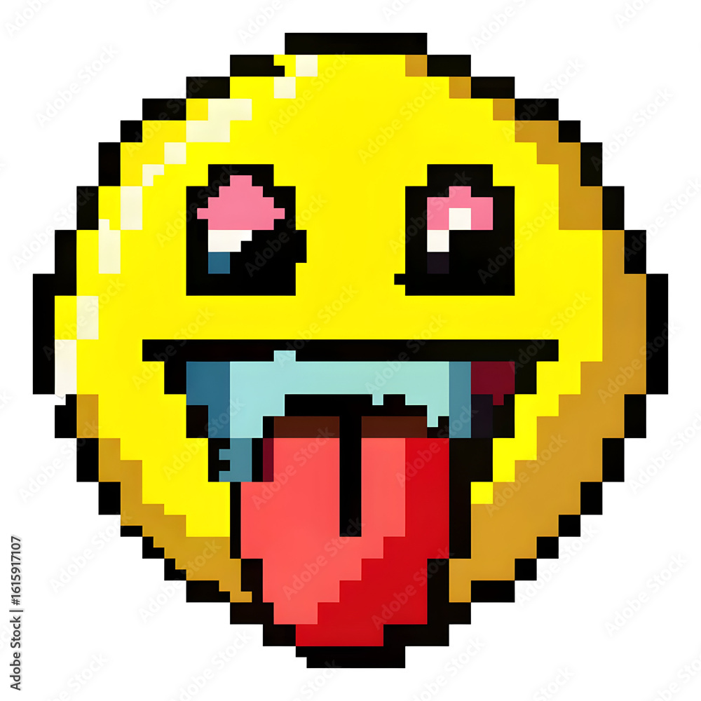 Obraz premium Pixelated yellow face with tongue out isolated on a transparent background
