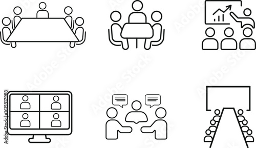 Meeting and Presentation outline  Icons – Six Minimalist Workplace Scenarios for Office, Corporate, and Virtual Collaboration Themes