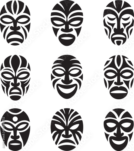 WebCollection of nine distinct tribal masks displayed in a grid pattern featuring intricate designs and a bold silhouette