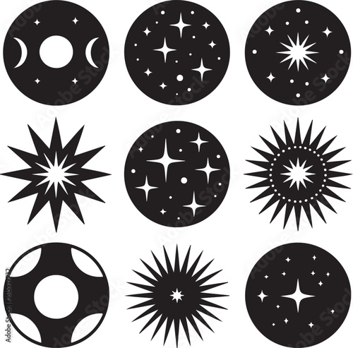 WebCollection of celestial and cosmic symbols featuring stars moons and sunbursts in a distinctive black silhouette style
